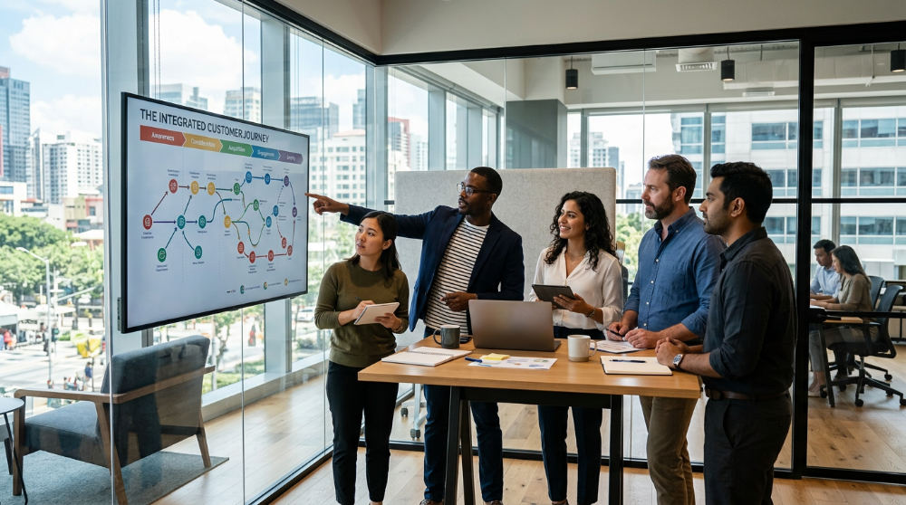 A marketing team analyzing their unified ai marketing tools to improve customer journey orchestration.