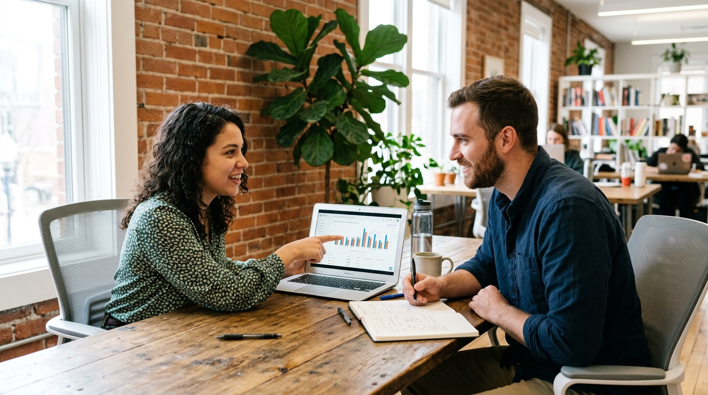 Two business colleagues collaborating on campaign data at a modern workspace — email marketing platform for small business by Automated Sales Machine