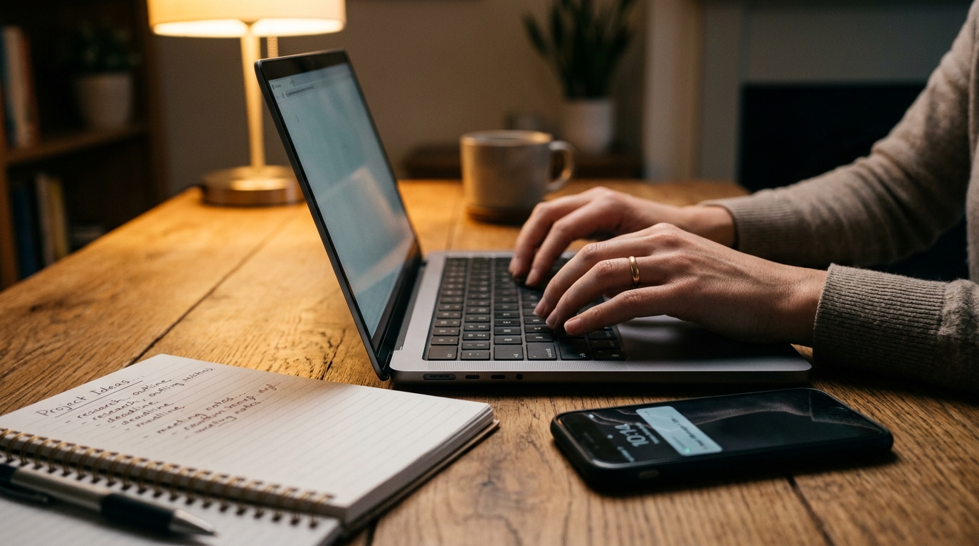 Hands typing on a laptop keyboard with warm desk lamp glow and smartphone nearby — email marketing platform for small business by Automated Sales Machine