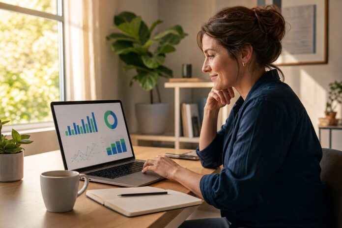 A small business owner reviewing email campaign metrics on a laptop in a bright home office — email marketing platform for small business by Automated Sales Machine