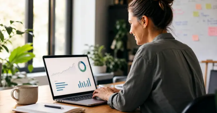 Small business owner reviewing lead generation analytics on laptop - lead generation for small business Automated Sales Machine