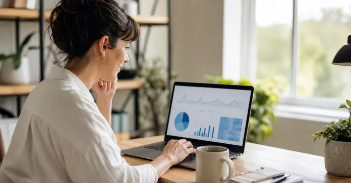Small business owner reviewing email marketing tools for small business on laptop in modern home office