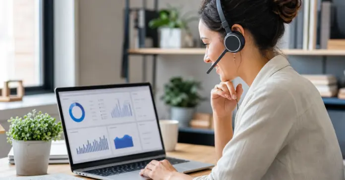 Small business owner using a cloud-based business phone system dashboard on a laptop in a modern office - Automated Sales Machine