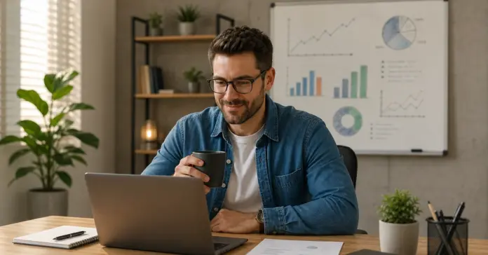 Small business owner reviewing lead generation analytics on a laptop - small business lead generation Automated Sales Machine