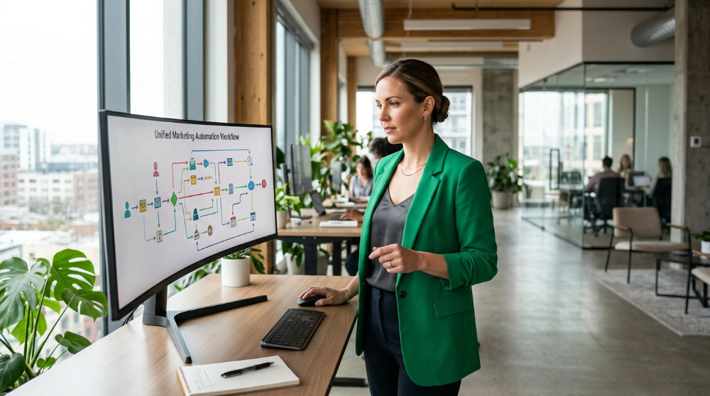 A marketing professional analyzing a unified AI marketing platform dashboard in a bright corporate office.