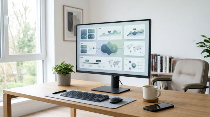 A professional workspace showing a unified business dashboard on a monitor representing integrated marketing communication strategy.