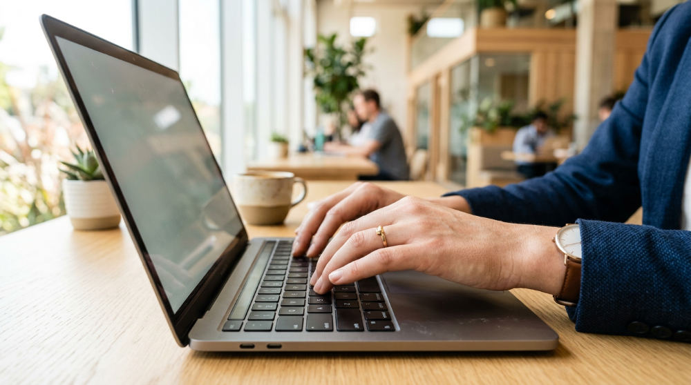A business owner managing integrated marketing workflows on a laptop within a bright modern office.