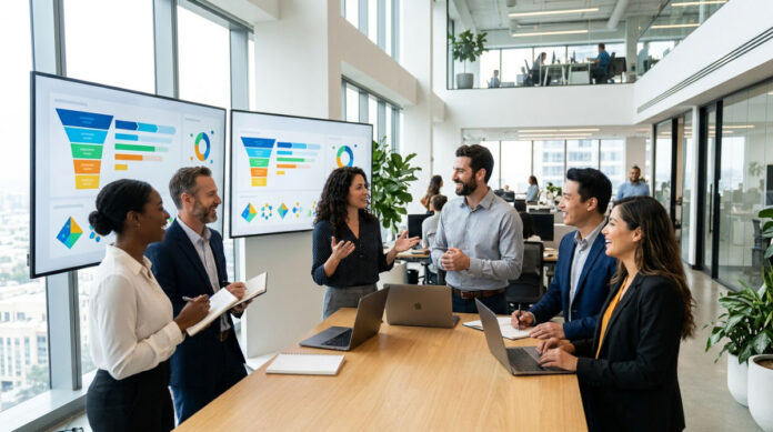A professional sales team collaborating in a modern office using digital customer relationship management software to track deals.