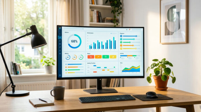 A professional business dashboard on a computer screen showing advanced CRM reporting and sales pipeline data in a bright office.