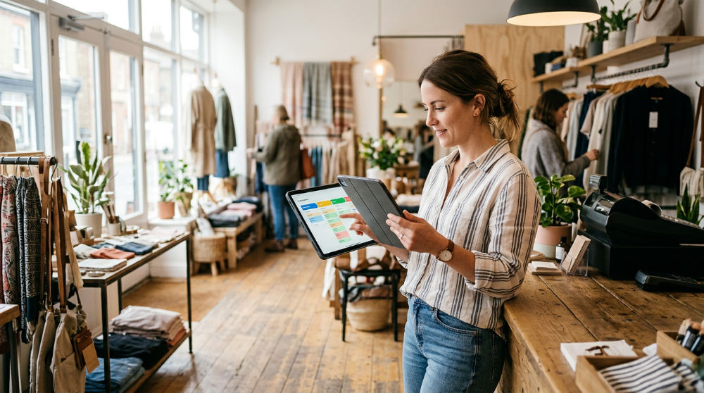 A business owner using a tablet to monitor their sales pipeline and customer data in real time showing automated dashboards.