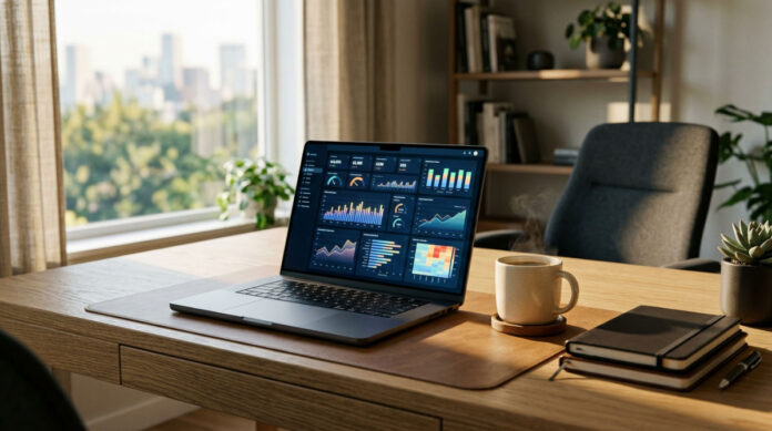 A professional using a unified affiliate marketing platform dashboard to monitor performance.