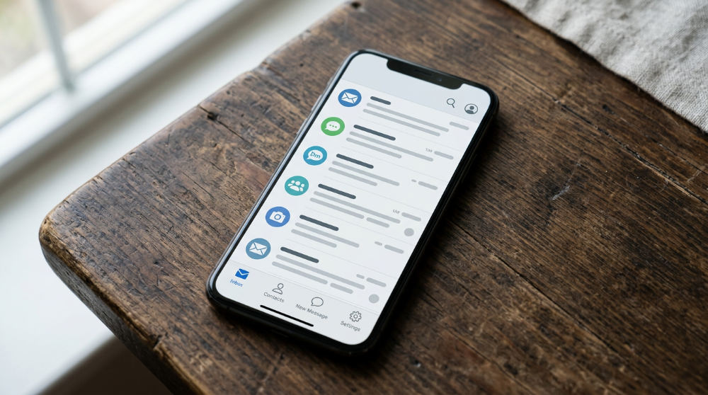 Mobile view of a customer communication platform showing unified messaging.