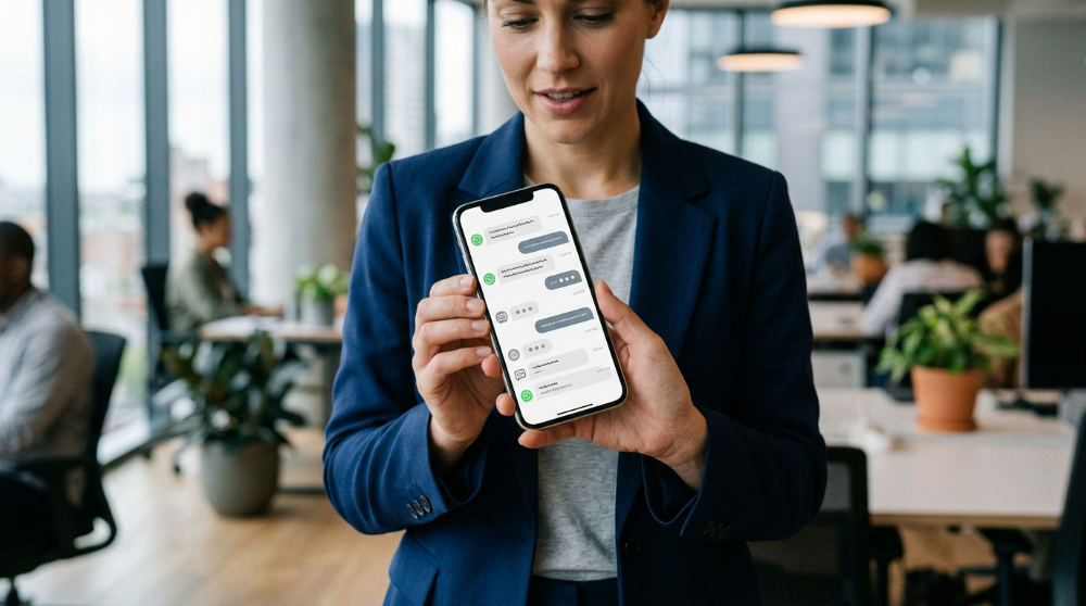 A professional holding a smartphone showing a Unified Inbox with multiple integrated messaging channels.