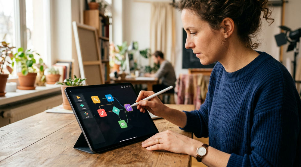 A user designing a visual automation workflow on a tablet for AI lead qualification.