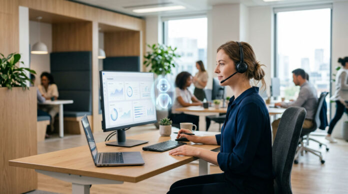 A modern workspace showing how AI agents for customer support assist professionals in managing digital communications.