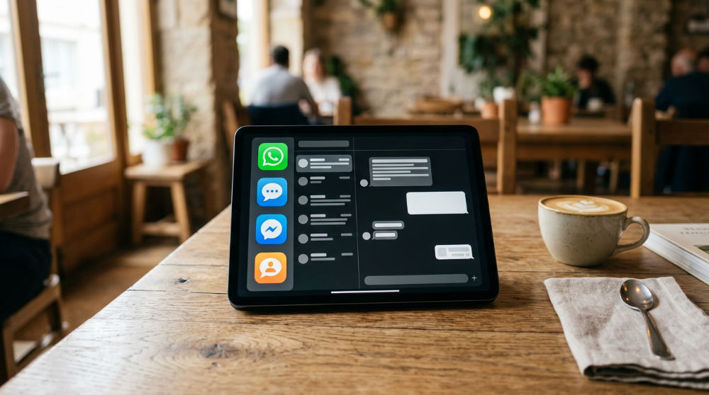 A unified inbox displaying consolidated customer communication from social media and SMS on a single tablet.