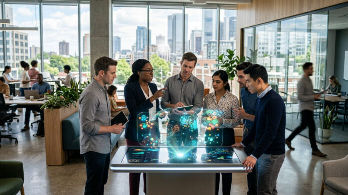 Sales professionals collaborating in a modern office with digital data displays reflecting the use of AI agents for sales coaching.