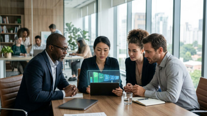 A group of B2B sales professionals collaborating while reviewing data from an AI agent for sales coaching.