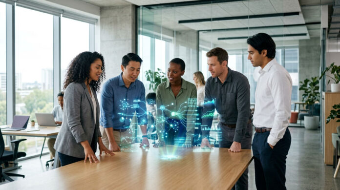 Professional sales team in a modern office analyzing real-time data from an AI agent for sales coaching.