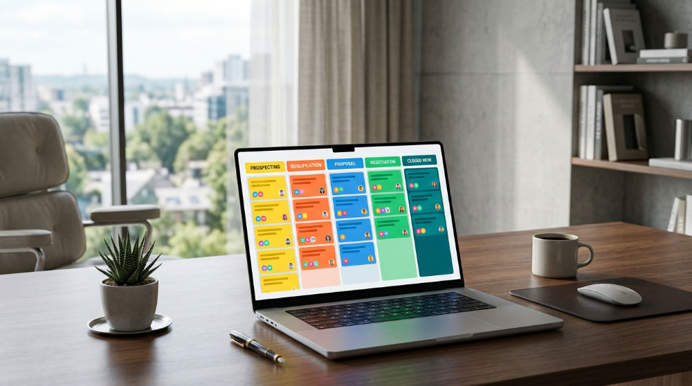 A visual Kanban board on a laptop showing automated sales pipeline stages and CRM insights.