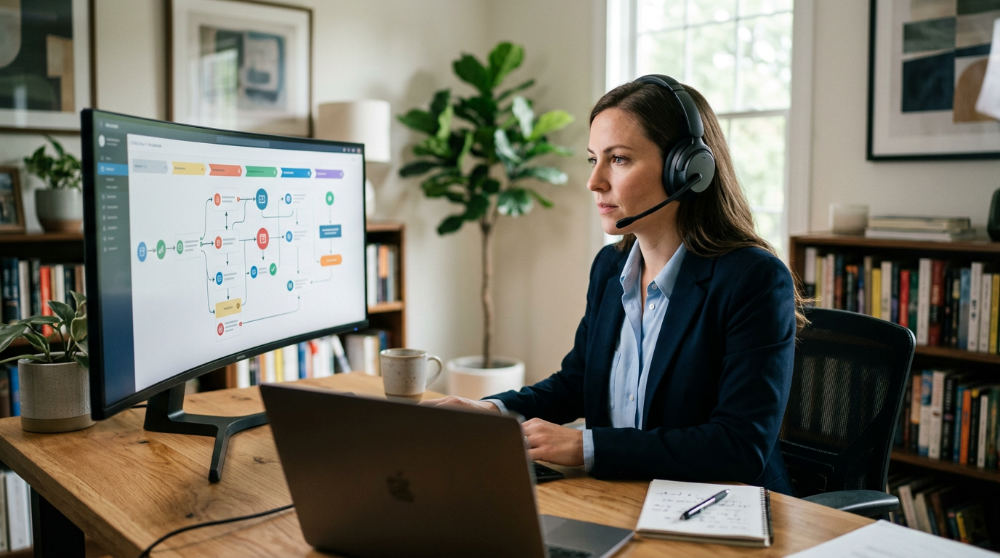 A sales representative using an automated sales system to manage B2B lead pipelines effectively.