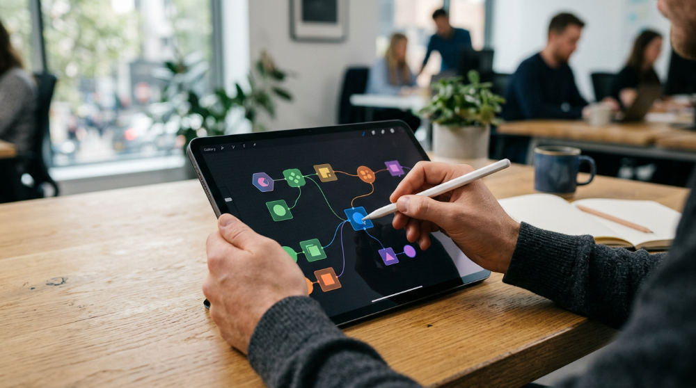 A business owner using a visual no-code workflow builder to coordinate AI teammates in their sales process.