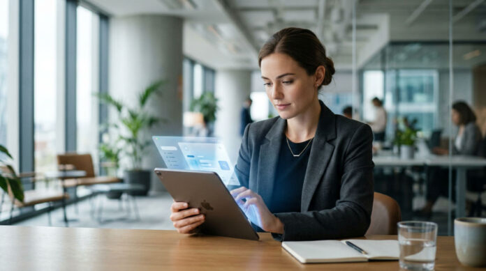 A professional in a modern office uses an AI agent interface to review real-time sales performance data.