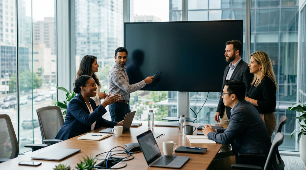 A sales team reviewing data-driven insights from an autonomous AI coaching system in a bright conference room.