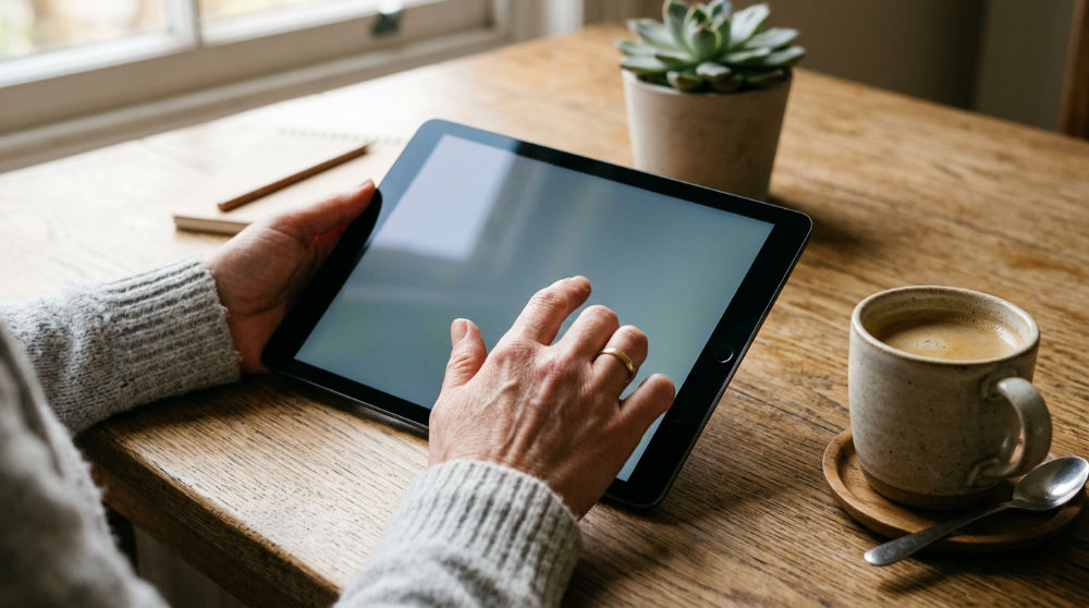 A business owner managing an all in one marketing and sales platform on a tablet device.