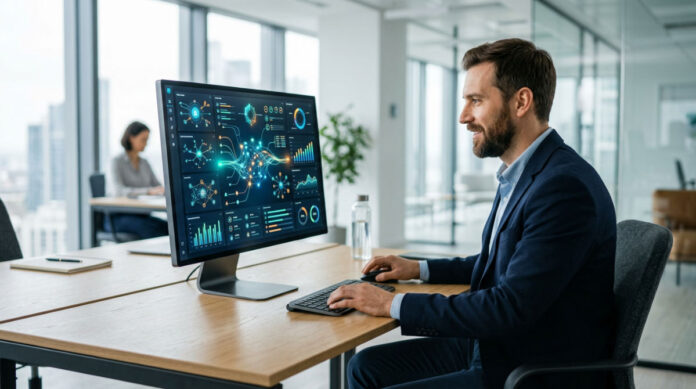 A professional salesperson uses a visual CRM dashboard on a computer in a modern office to manage B2B sales.