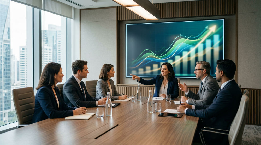A sales team reviews data-driven feedback on a large digital screen in a professional executive boardroom.