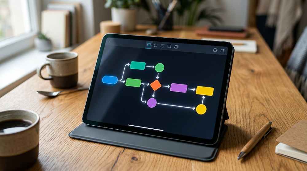 A tablet on a desk displays a no-code visual workflow builder used for automated sales systems.