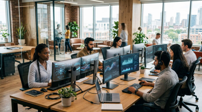 Sales professionals in a modern office using AI agents and data-driven tools to manage their B2B pipelines.