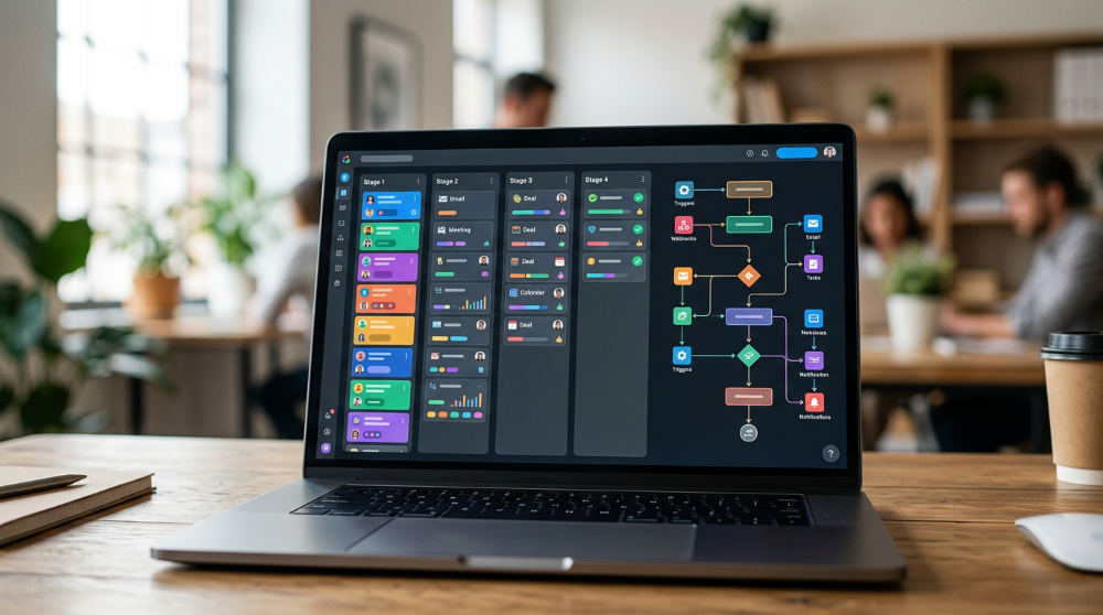 A visual no-code CRM dashboard showing automated sales workflows and lead tracking stages on a laptop.