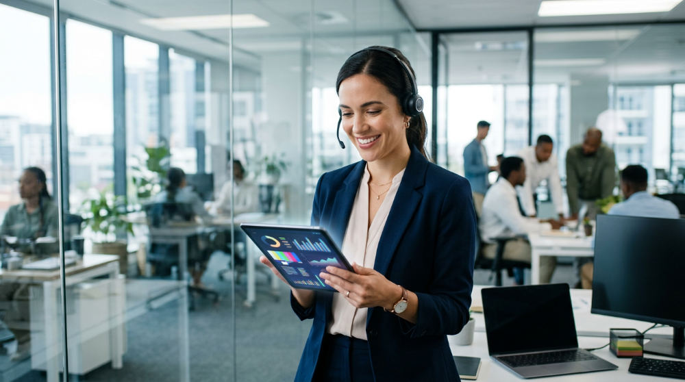 A salesperson receiving real-time sales feedback on a tablet while working in a professional office environment.