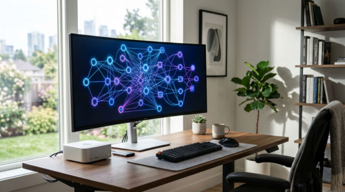 A modern workspace showing a visual AI workflow builder on a screen for lead generation automation.