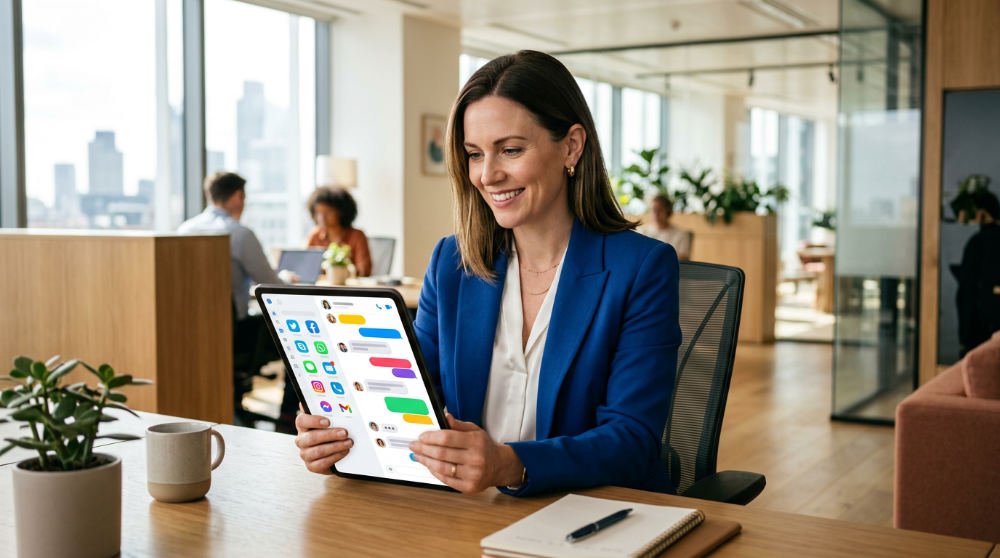 A business owner managing a unified inbox that consolidates SMS and social media messages for AI agents.