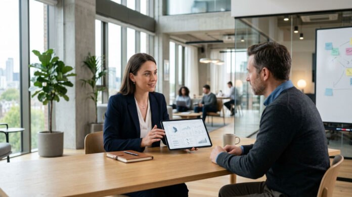 A professional salesperson using a tablet to interact with an AI sales coaching platform in a modern office.