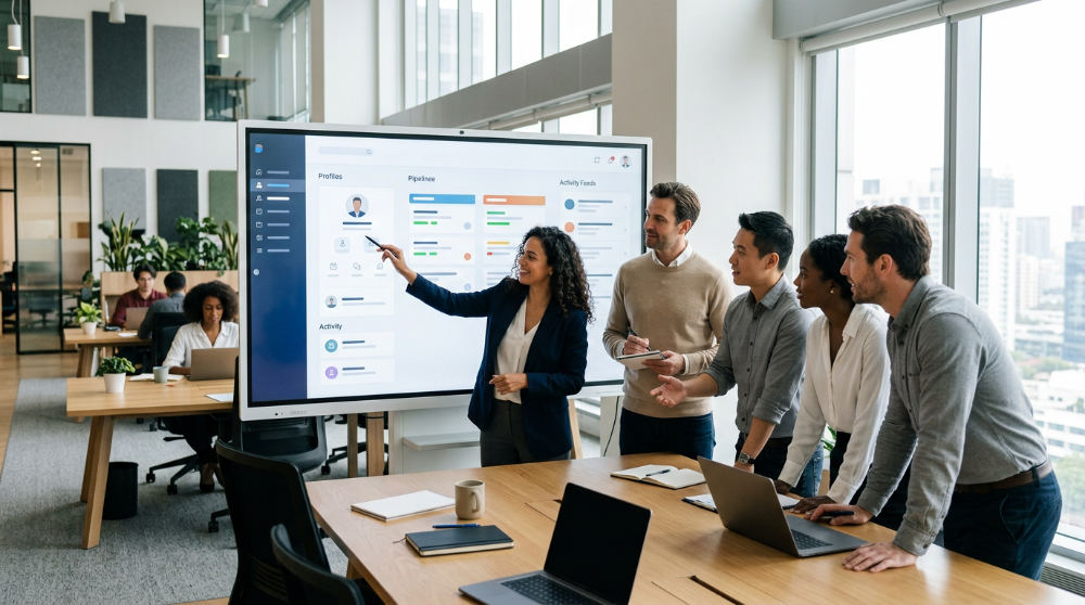 A diverse team of sales professionals reviewing data on a tablet to improve B2B pipeline efficiency through a unified AI Operating System.