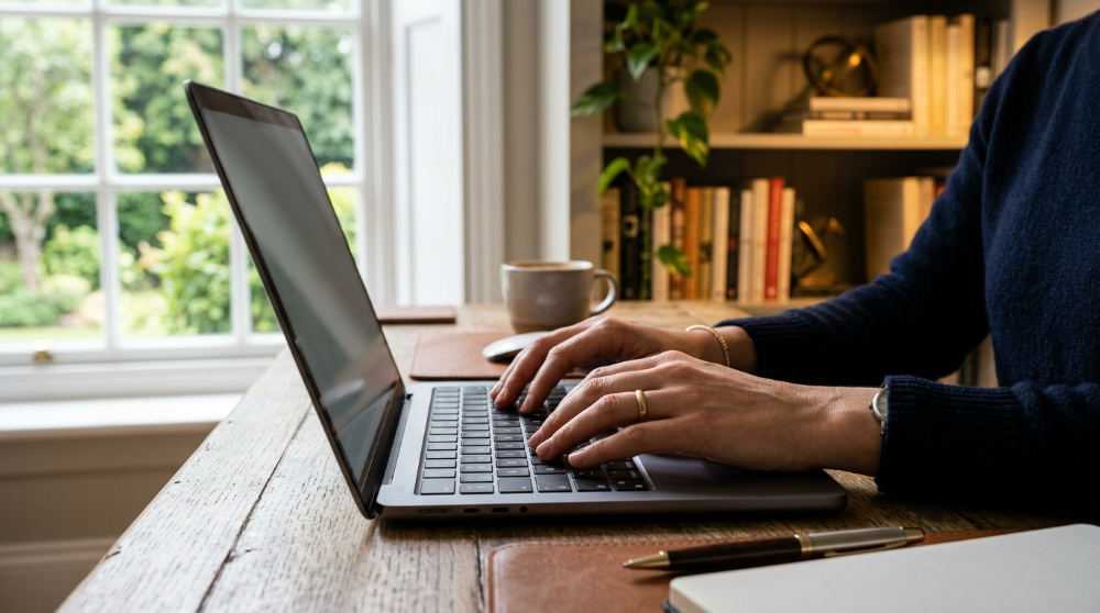 A business owner using an automated sales machine CRM interface on a laptop to configure lead management workflows.