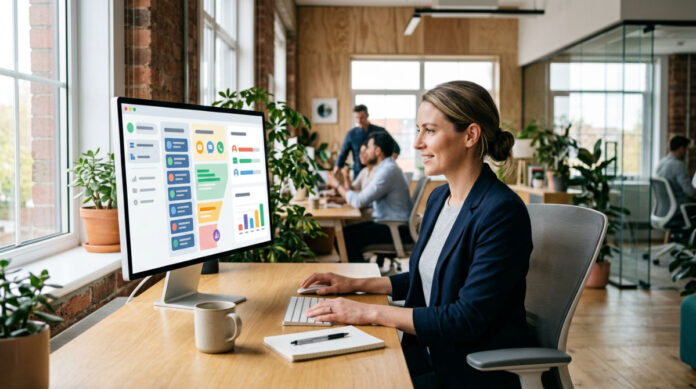 A professional managing a unified B2B marketing automation platform dashboard in a bright modern office setting.