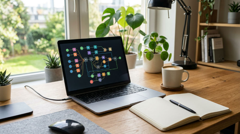 A laptop screen displaying a visual node-based workflow builder for B2B marketing automation sequences.