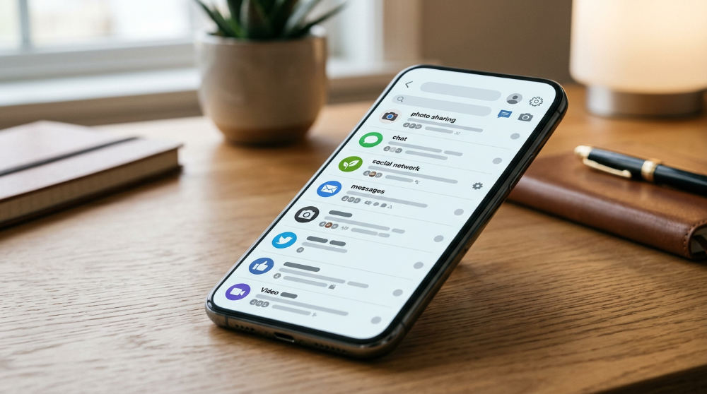 A smartphone showing a unified inbox that consolidates SMS, WhatsApp, and social media messages for B2B sales.