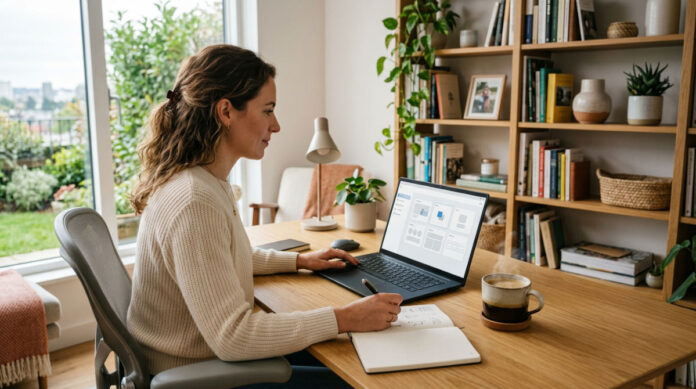 A professional entrepreneur monitors AI-powered email campaigns on a clean CRM dashboard in a bright office.