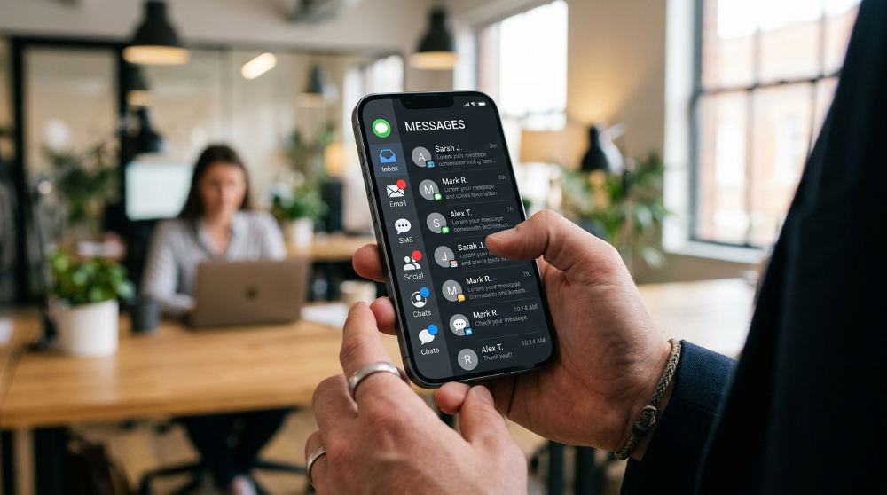 A smartphone displaying a unified inbox that consolidates SMS, email, and social media messages for easy management.
