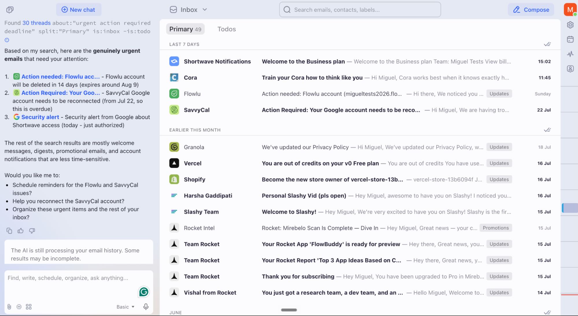 Shortwave, our pick for the best AI email assistant for searching email history
