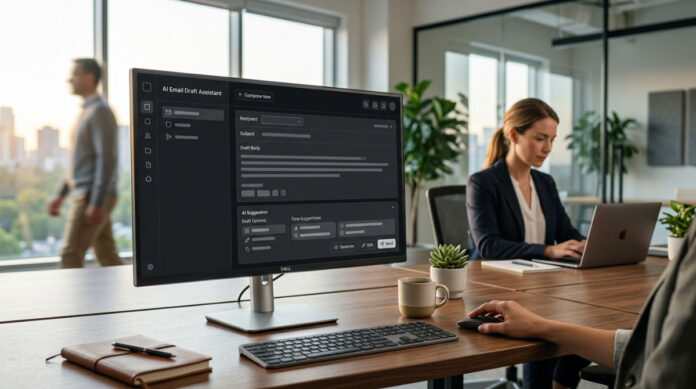 A professional using an ai email generator to draft marketing campaigns in a modern office.