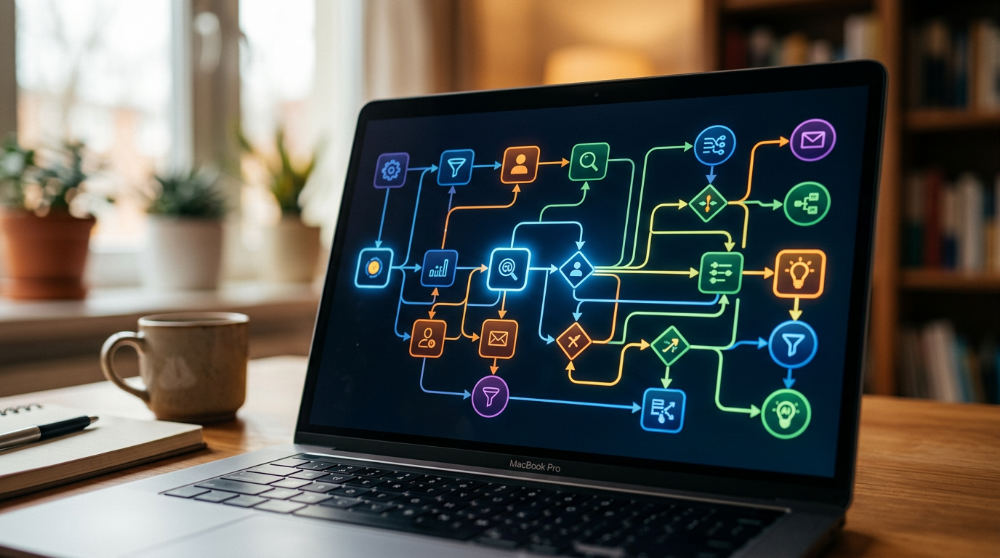 AI lead generation software workflow builder on a laptop screen.