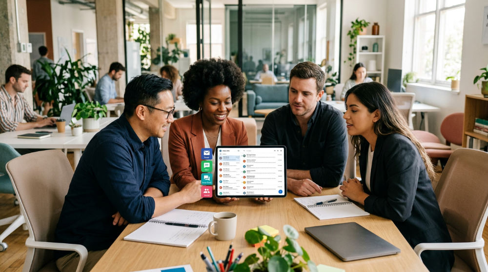 Business team using an all-in-one AI operating system for unified messaging.
