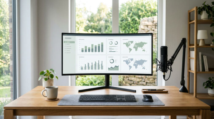 A professional creator workspace featuring a clean software dashboard on a monitor for managing membership platforms.